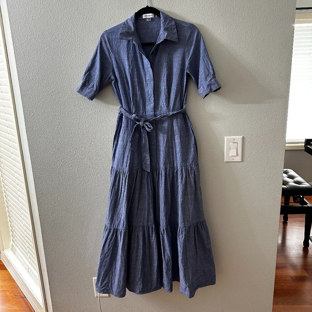 Calvin Klein 100% Cotton Chambray Denim Maxi Midi Belted Dress 2 Short Sleeve